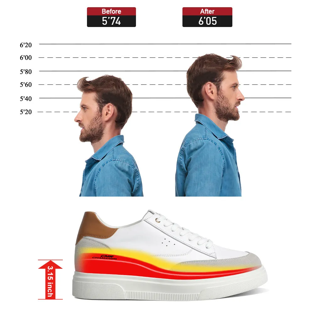8CM / 3.15 Inches CMR CHAMARIPA Men’s White Leather Casual Elevator Shoes