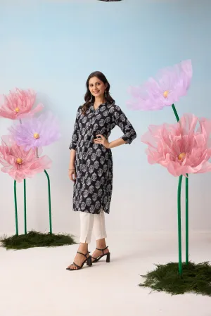 Black & White Floral Printed Kurta