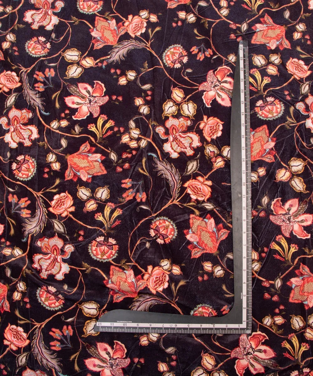 Black Floral Digital Print Velvet Fabric