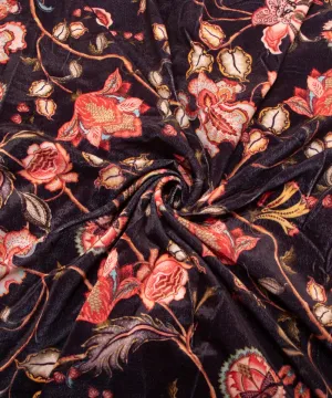 Black Floral Digital Print Velvet Fabric