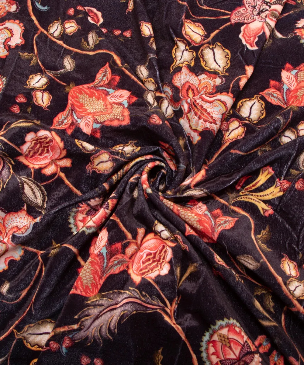 Black Floral Digital Print Velvet Fabric