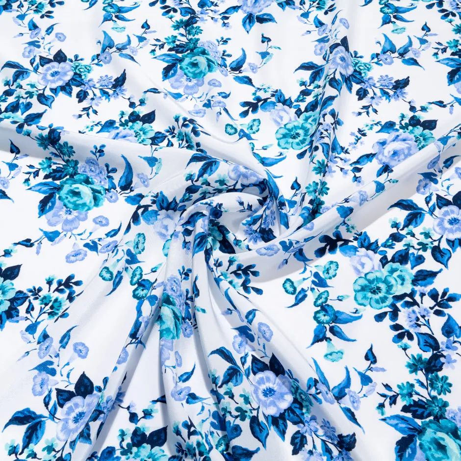 Blue & Turquoise Floral Printed Silk Crêpe de Chine