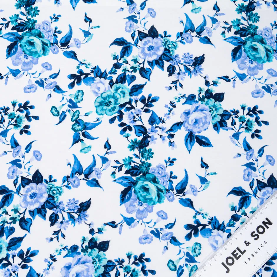 Blue & Turquoise Floral Printed Silk Crêpe de Chine