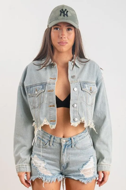 Blue Here Comes The Sun Crop Denim Jacket