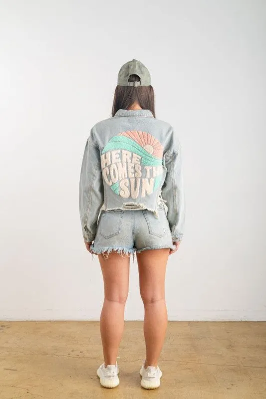Blue Here Comes The Sun Crop Denim Jacket