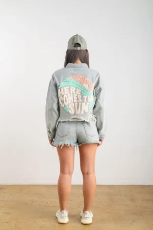 Blue Here Comes The Sun Crop Denim Jacket