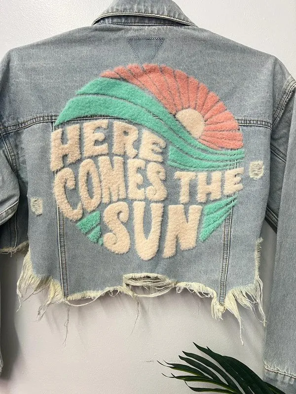 Blue Here Comes The Sun Crop Denim Jacket