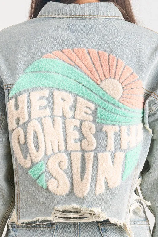 Blue Here Comes The Sun Crop Denim Jacket