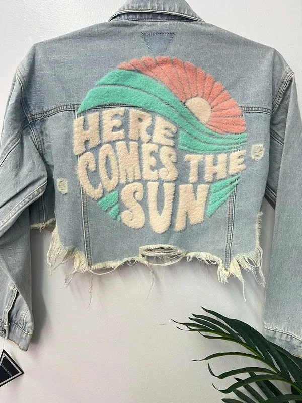 Blue Here Comes The Sun Crop Denim Jacket
