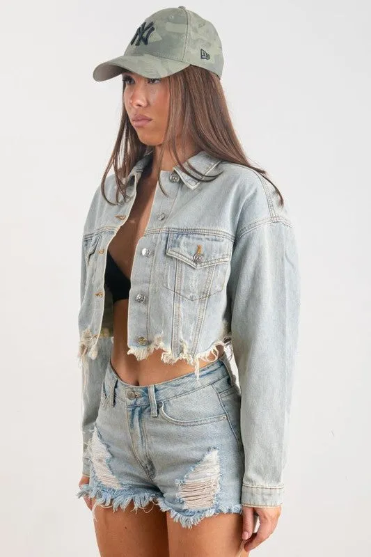 Blue Here Comes The Sun Crop Denim Jacket