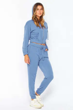 Blue Iris French Terry Cropped Zip-up Hoodie Jogger Set