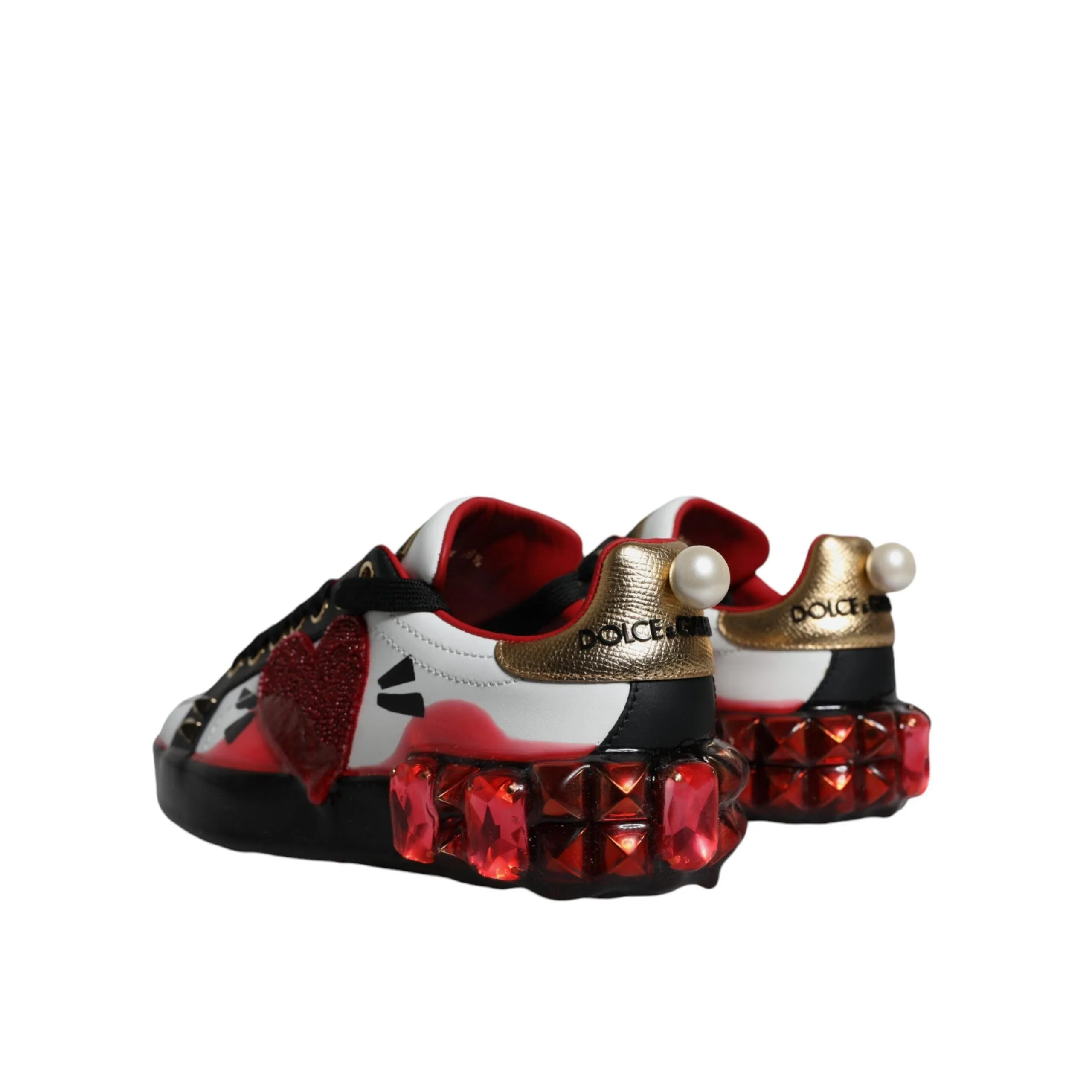 Dolce & Gabbana White Red Crystals Leather Portofino Sneakers Shoes