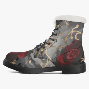 Faux Fur Leather Boots Black and Gold Red Rose