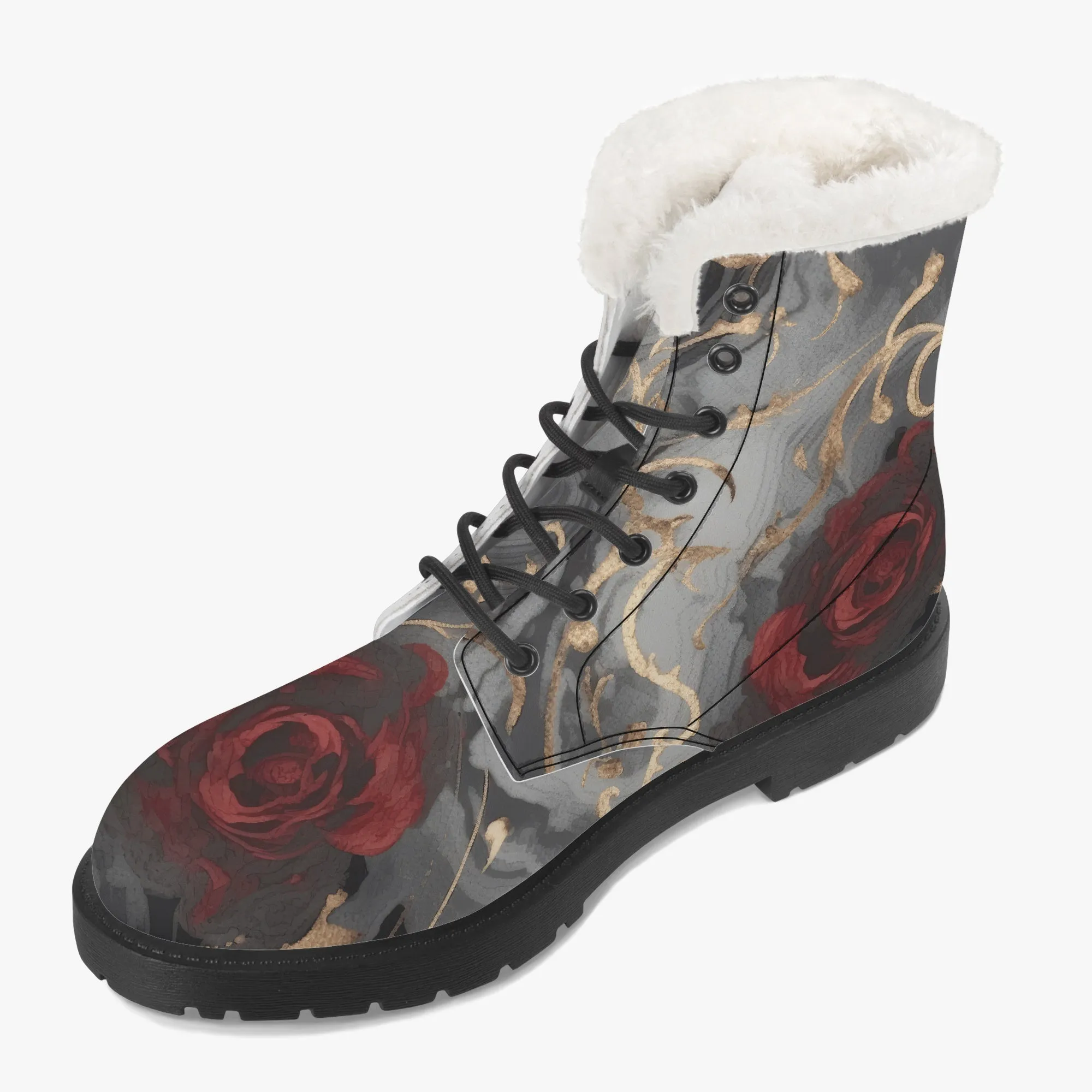 Faux Fur Leather Boots Black and Gold Red Rose