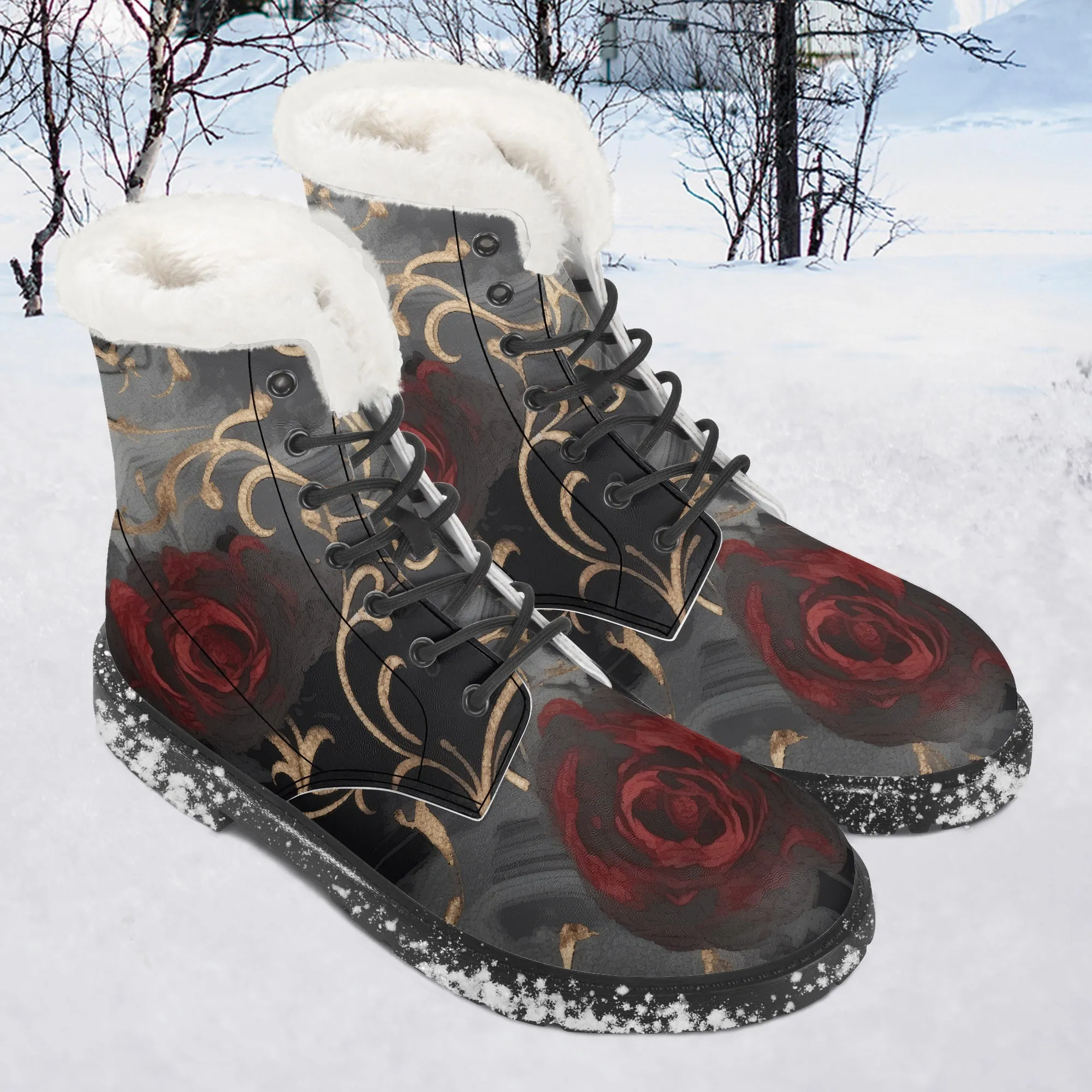 Faux Fur Leather Boots Black and Gold Red Rose