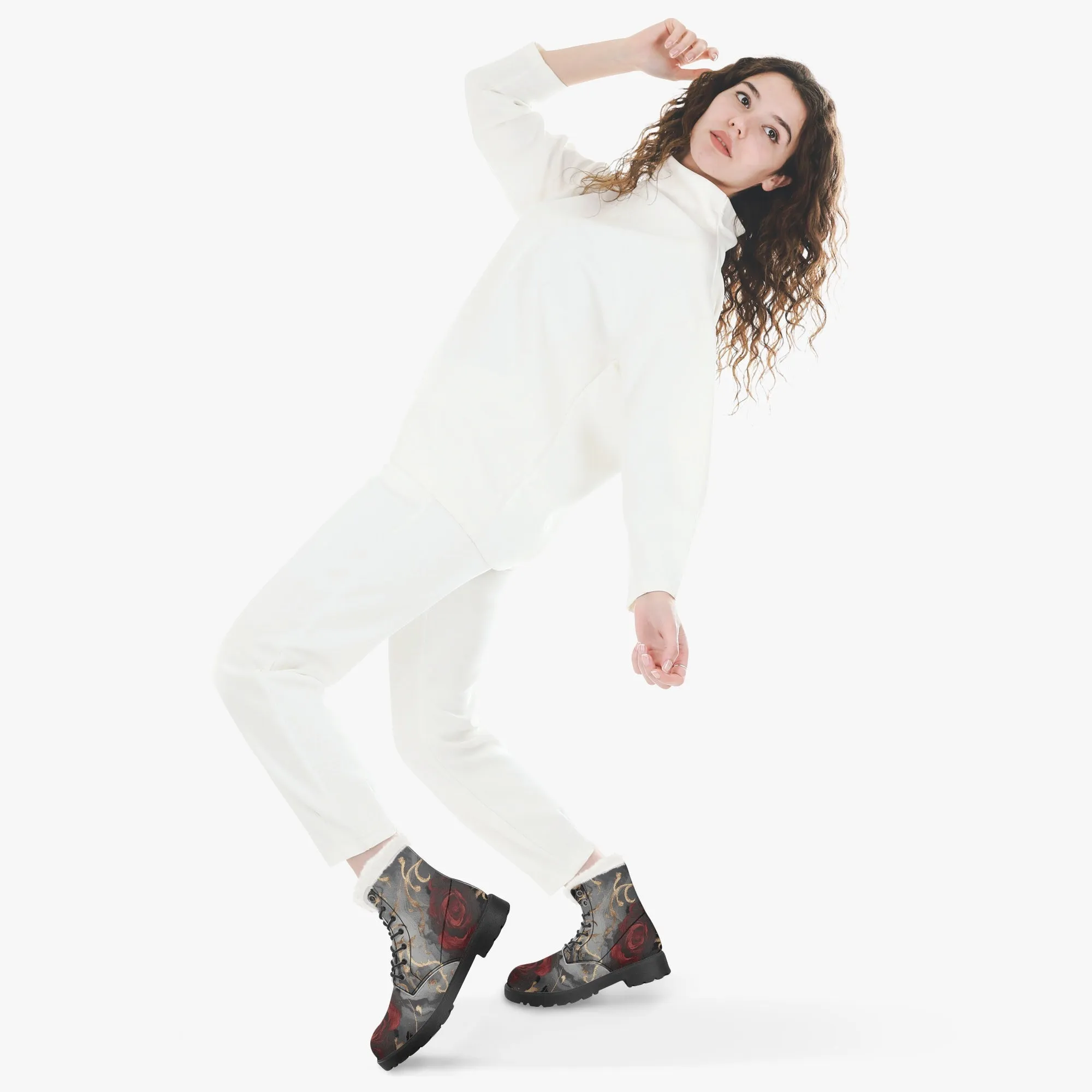 Faux Fur Leather Boots Black and Gold Red Rose