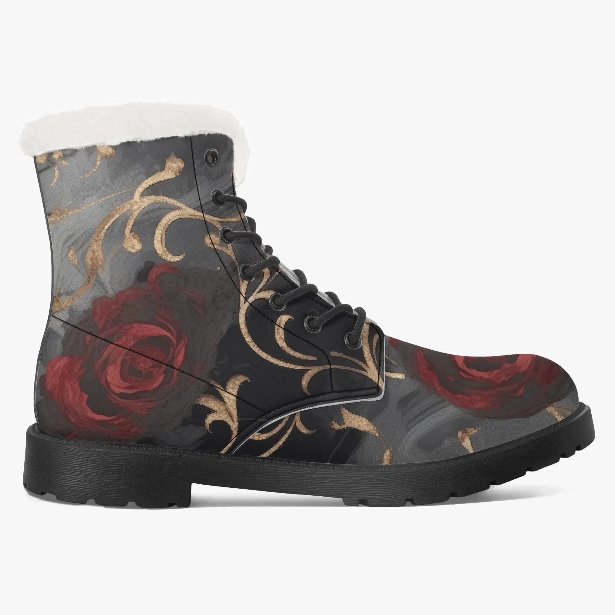 Faux Fur Leather Boots Black and Gold Red Rose
