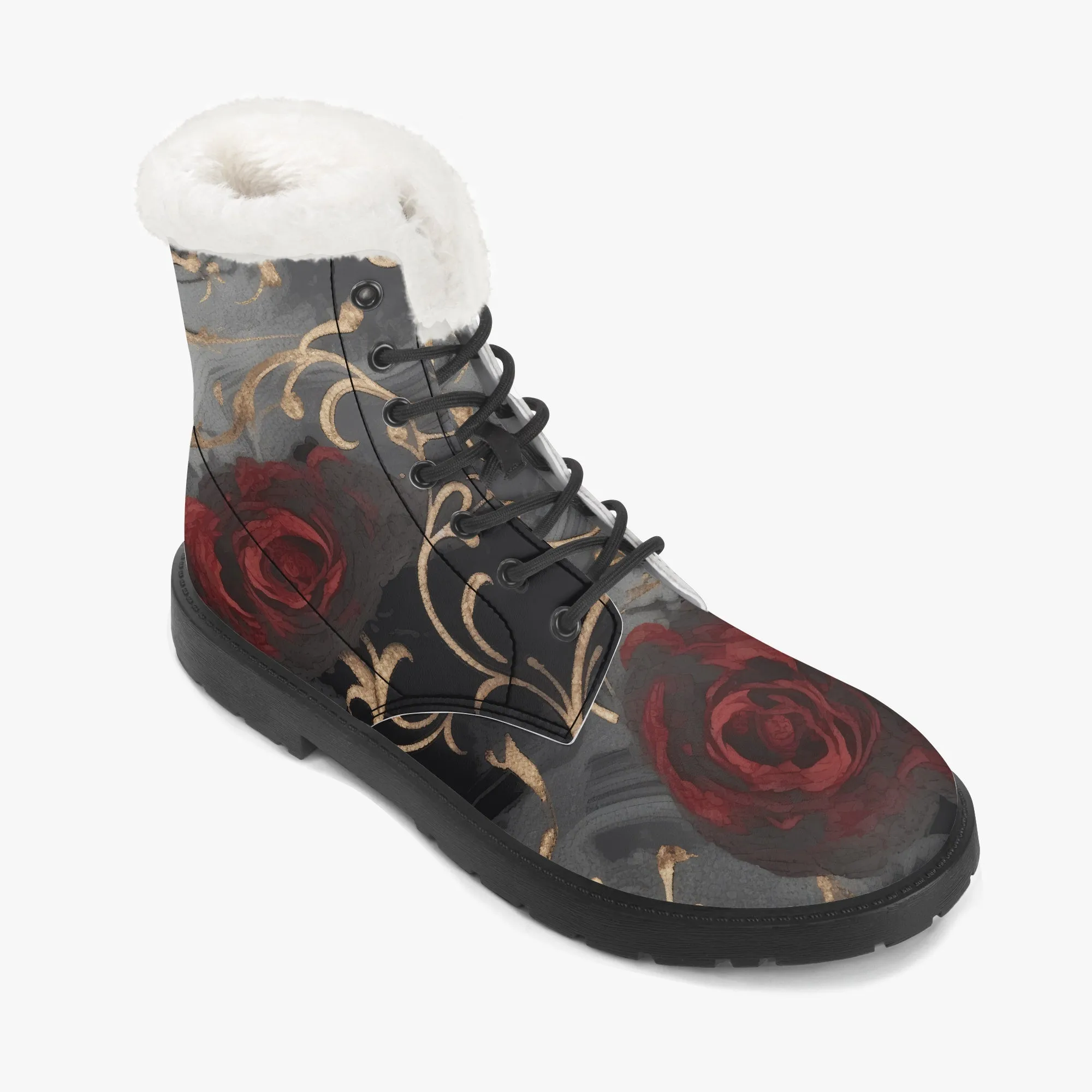 Faux Fur Leather Boots Black and Gold Red Rose