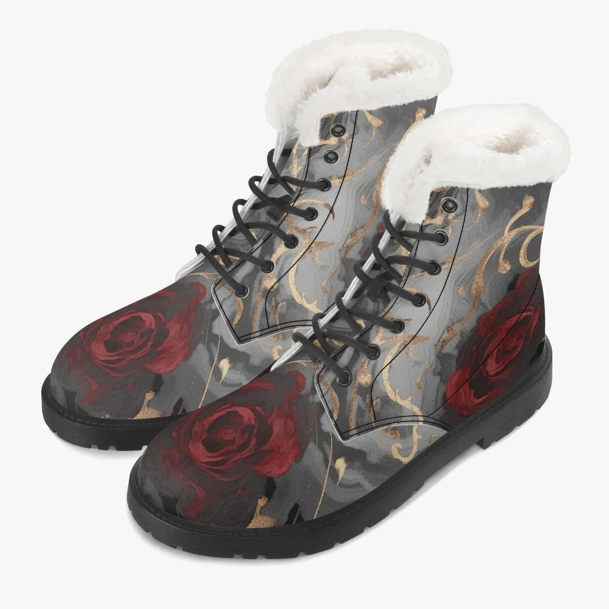 Faux Fur Leather Boots Black and Gold Red Rose