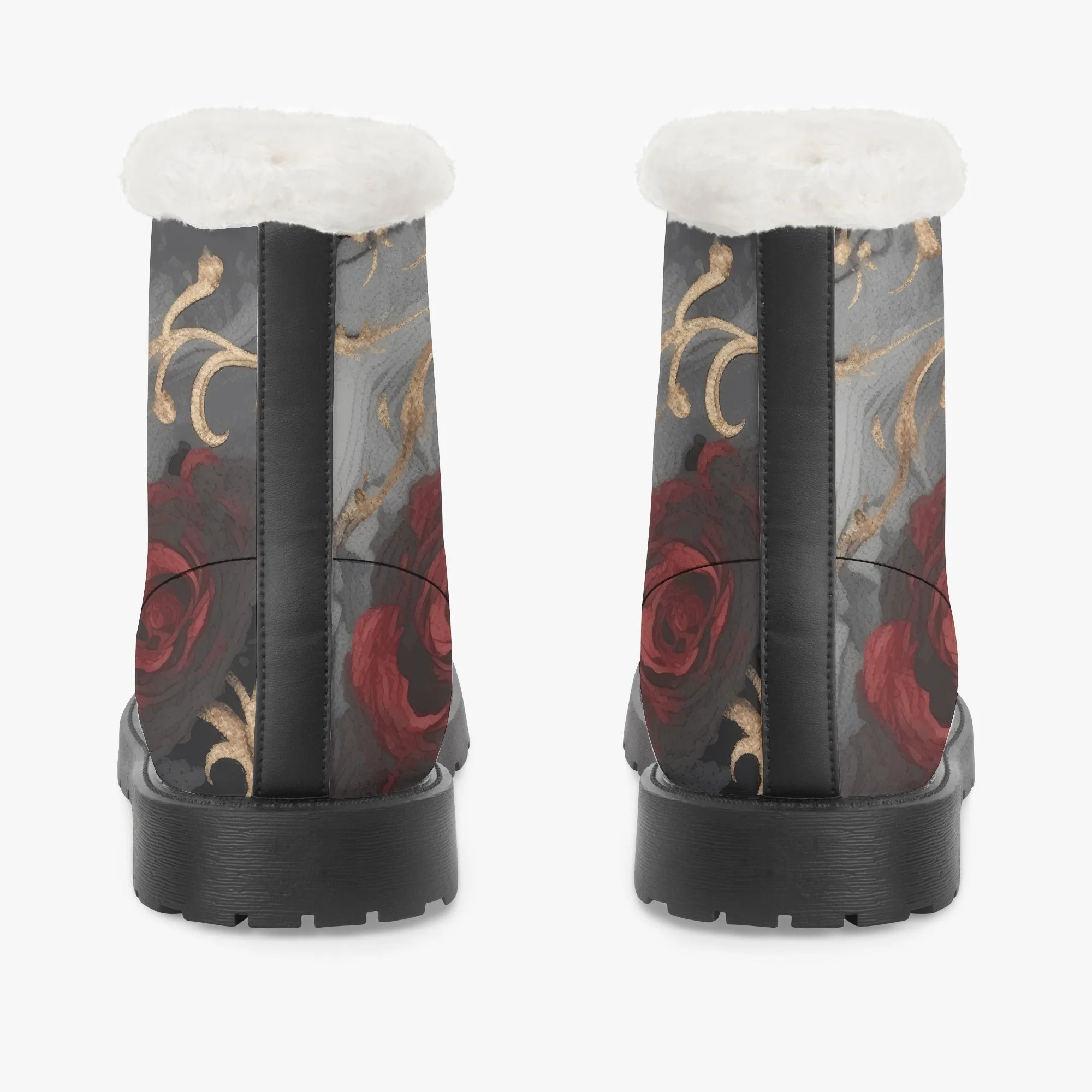 Faux Fur Leather Boots Black and Gold Red Rose