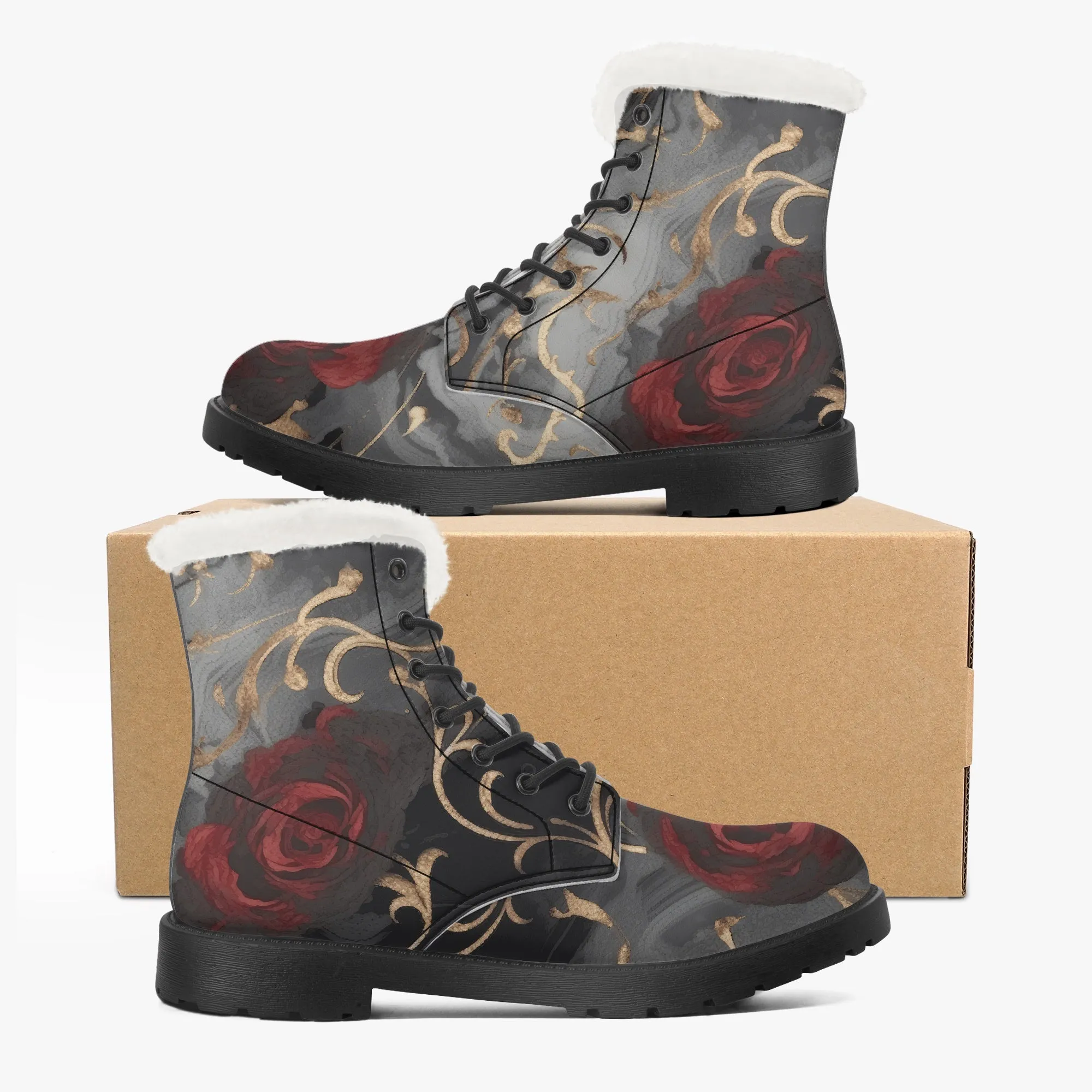 Faux Fur Leather Boots Black and Gold Red Rose
