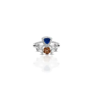 Floral Silver Ring with Blue Gemstone and Leaf Design