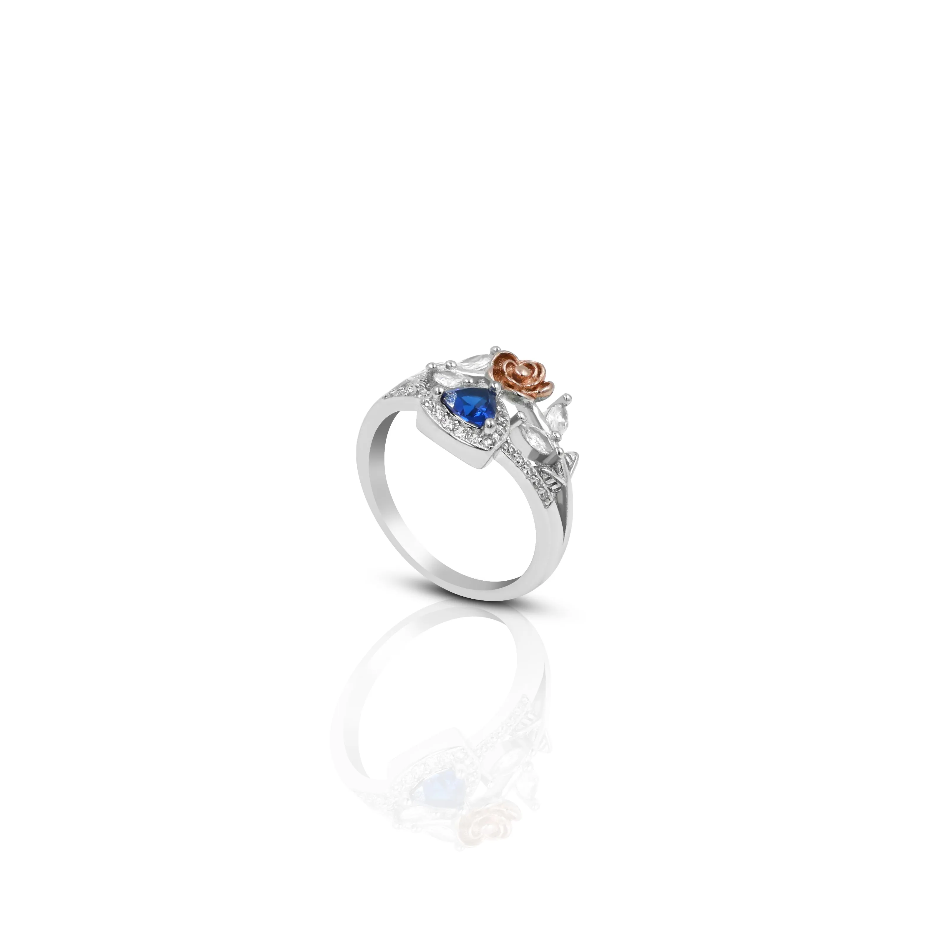 Floral Silver Ring with Blue Gemstone and Leaf Design
