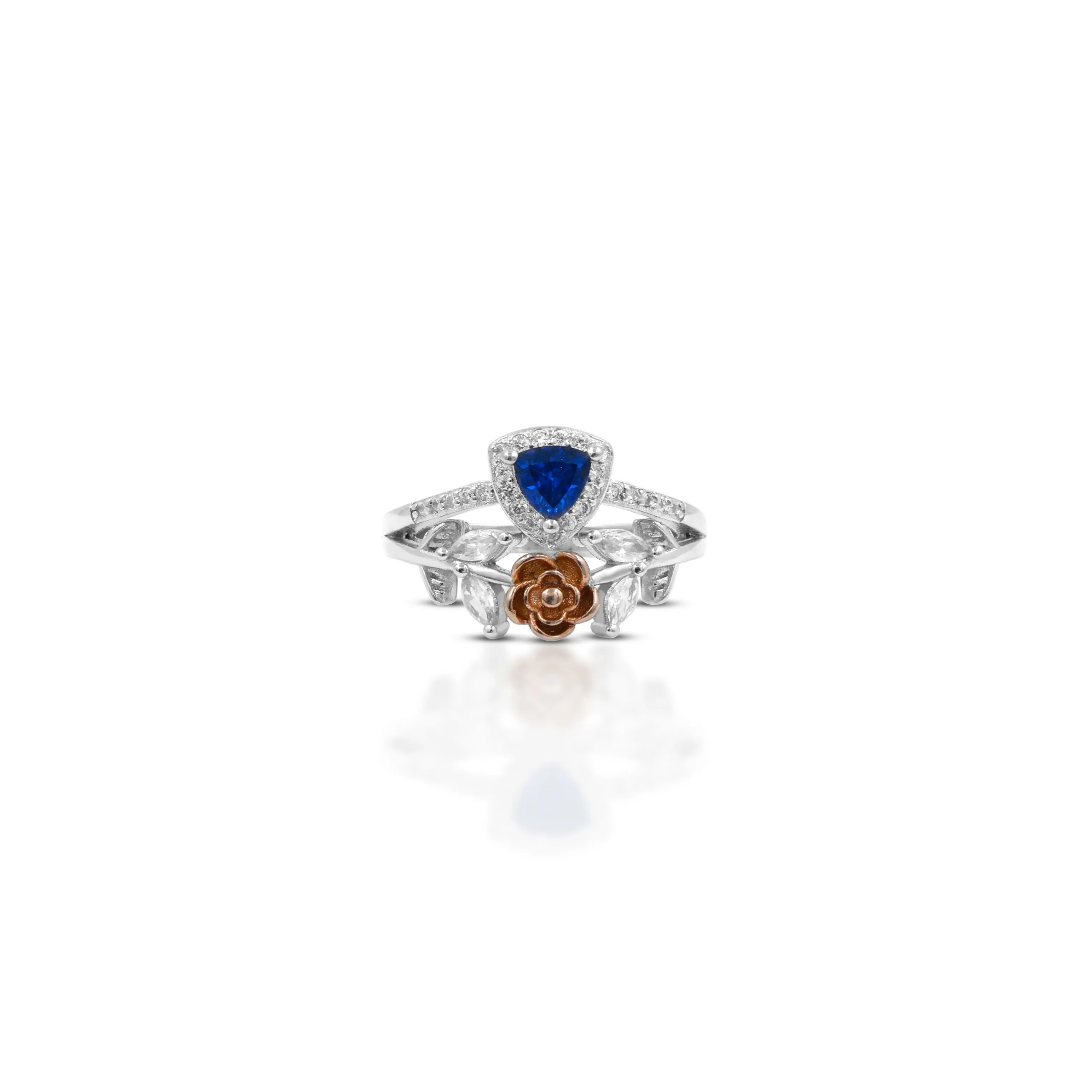 Floral Silver Ring with Blue Gemstone and Leaf Design