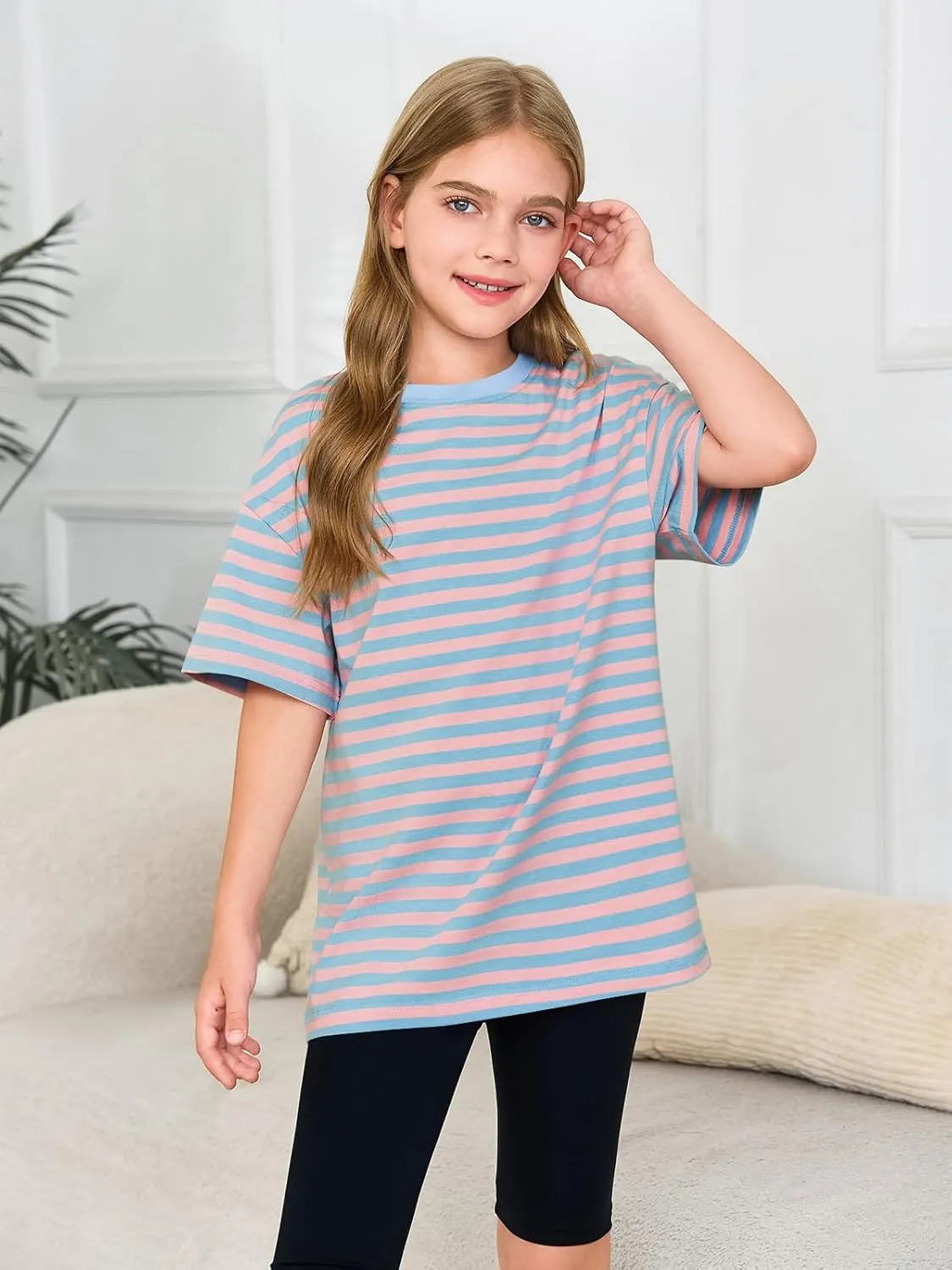 Haloumoning Girls Striped Short Sleeve T Shirts Kids Summer Oversized Tops Casual Crewneck Tees 5-14 Years