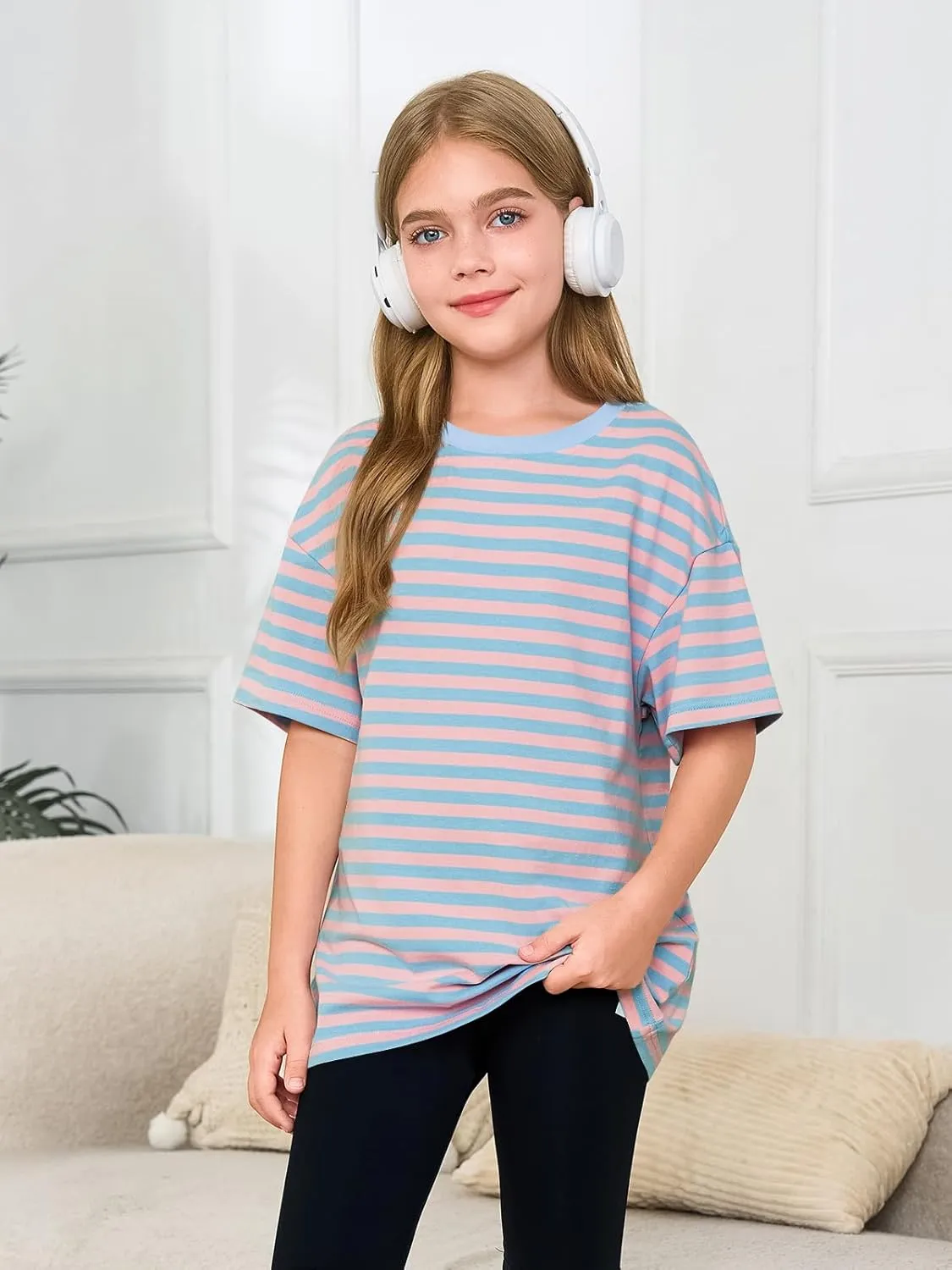 Haloumoning Girls Striped Short Sleeve T Shirts Kids Summer Oversized Tops Casual Crewneck Tees 5-14 Years