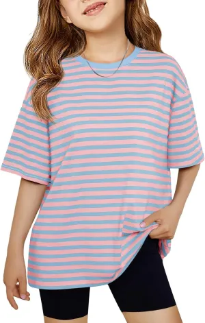 Haloumoning Girls Striped Short Sleeve T Shirts Kids Summer Oversized Tops Casual Crewneck Tees 5-14 Years