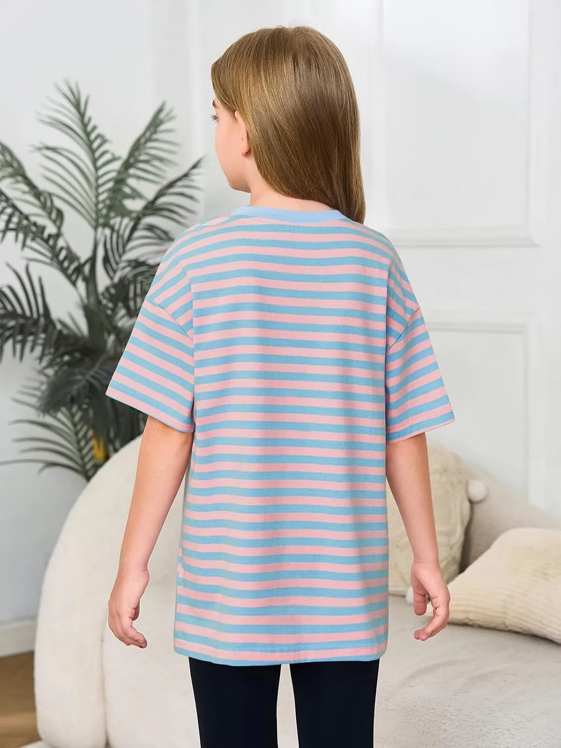 Haloumoning Girls Striped Short Sleeve T Shirts Kids Summer Oversized Tops Casual Crewneck Tees 5-14 Years