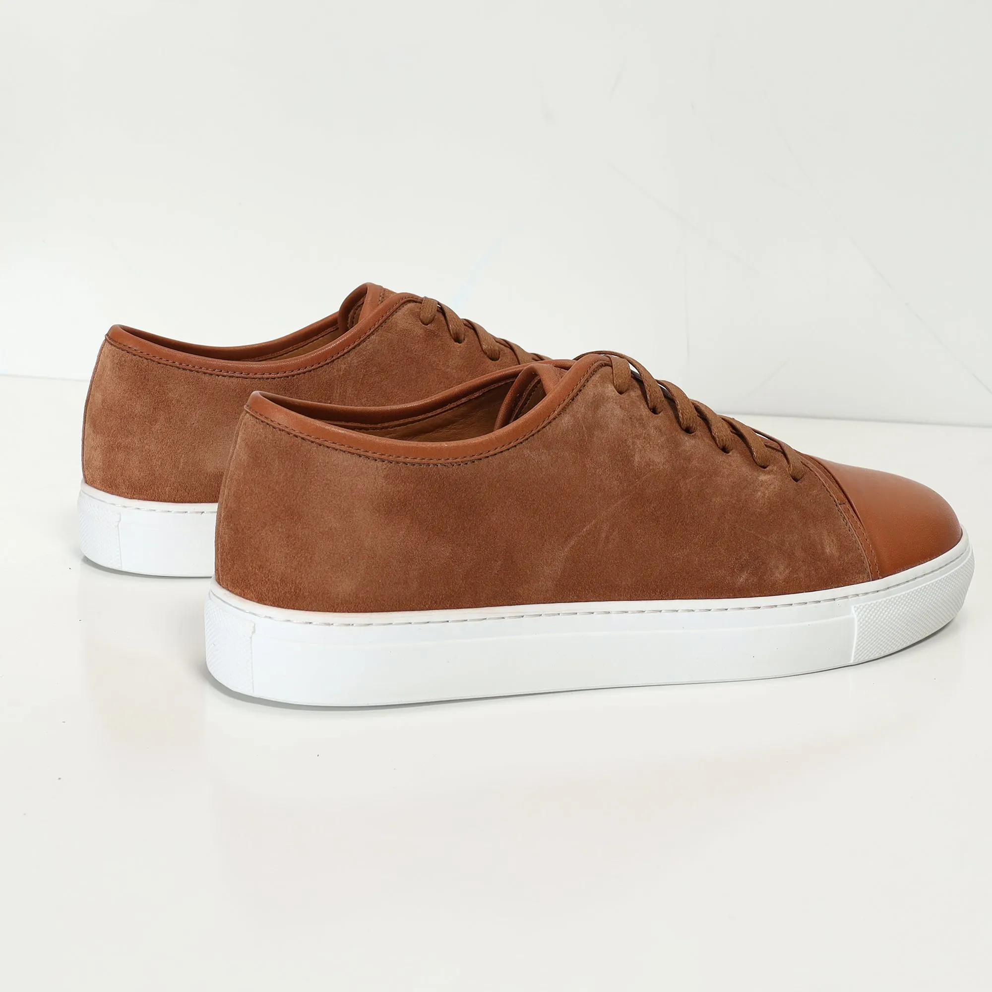 Leather and Suede Court Sneakers - Tan White