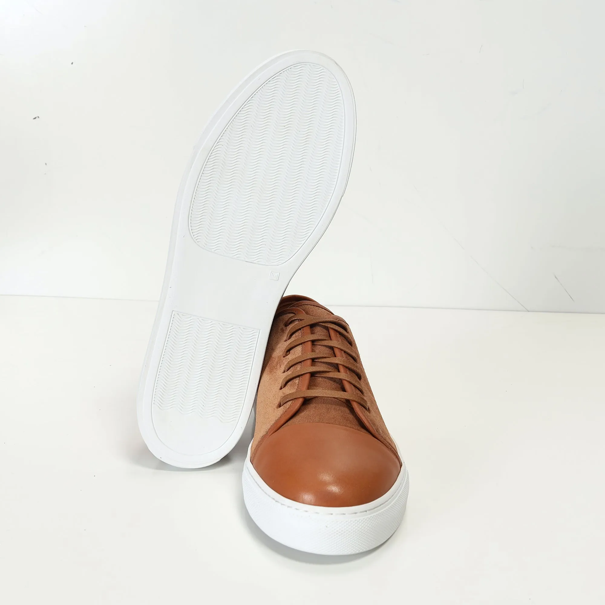 Leather and Suede Court Sneakers - Tan White