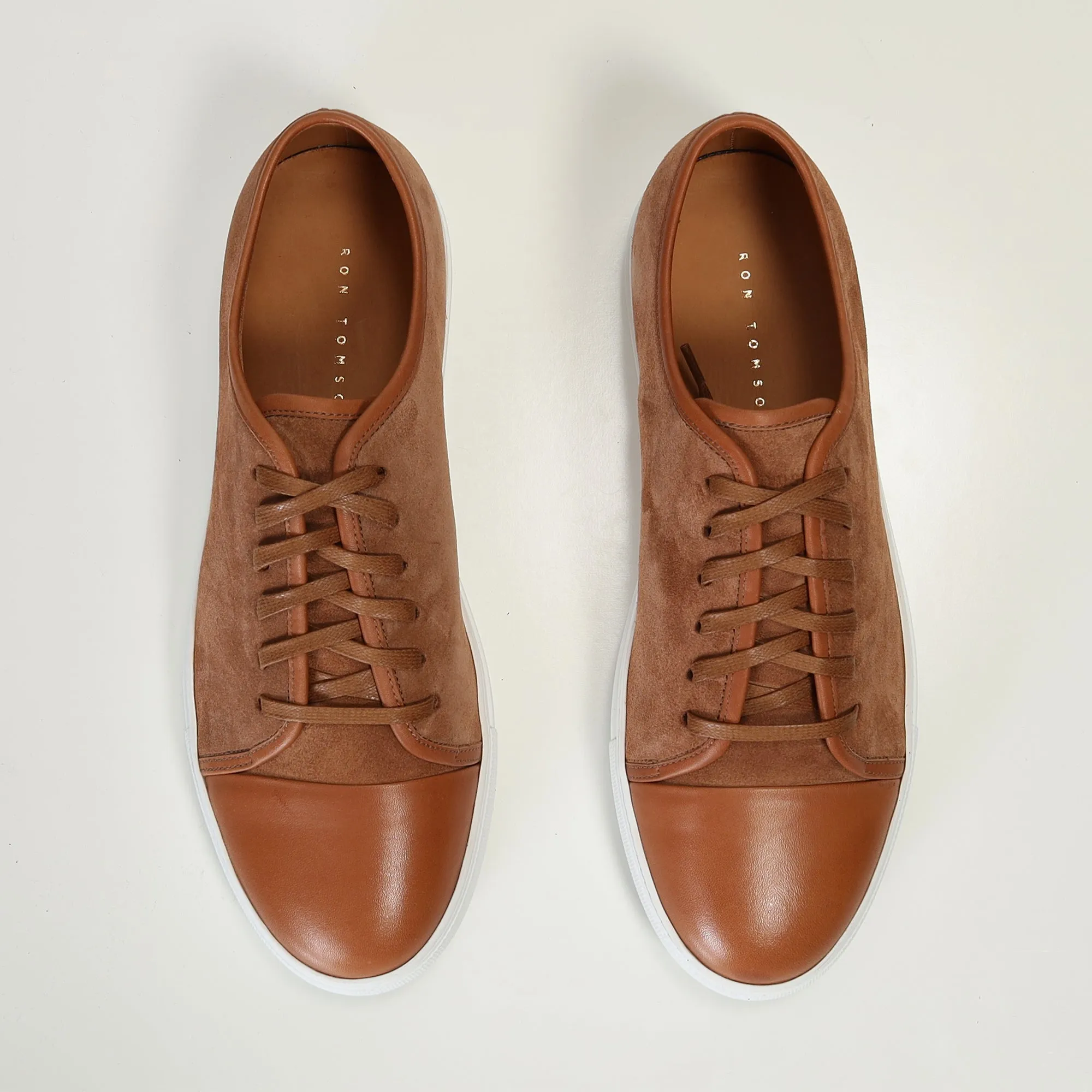 Leather and Suede Court Sneakers - Tan White