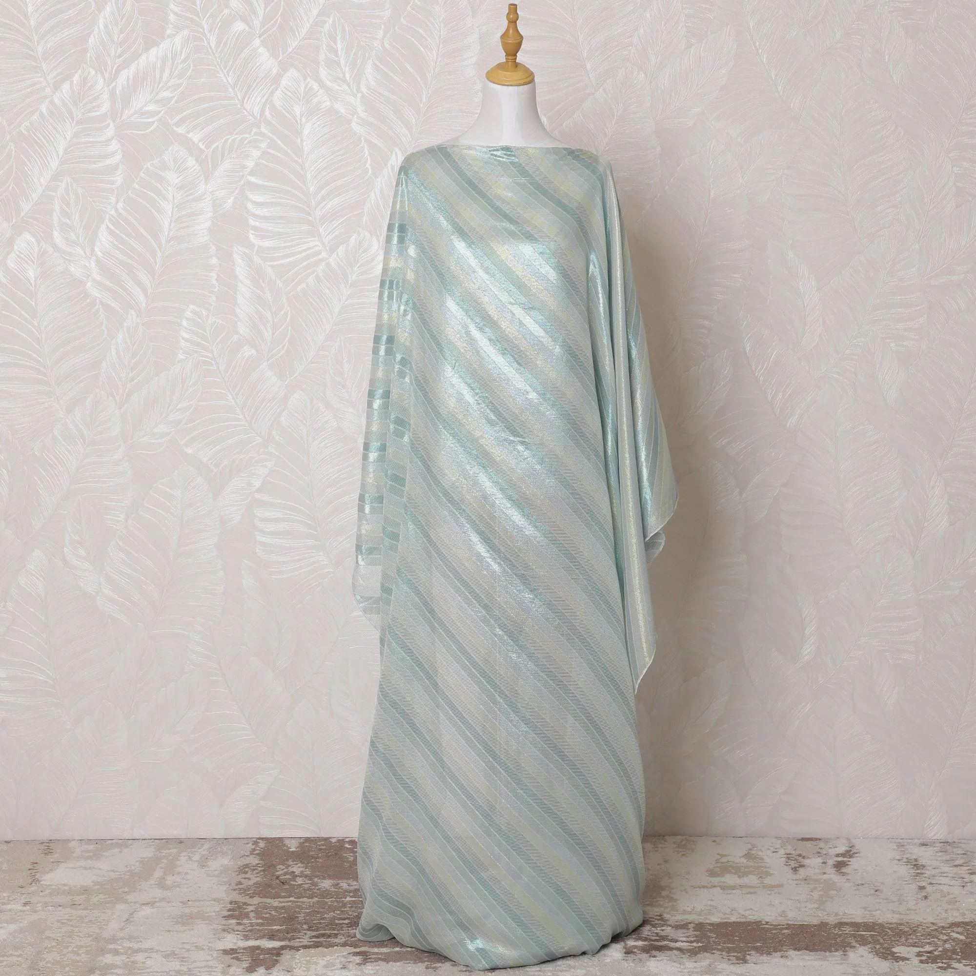 Light powder blue Premium pure French (Fransawi) silk chiffon dirac fabric with blue and gold metallic lurex in abstract design-D16250