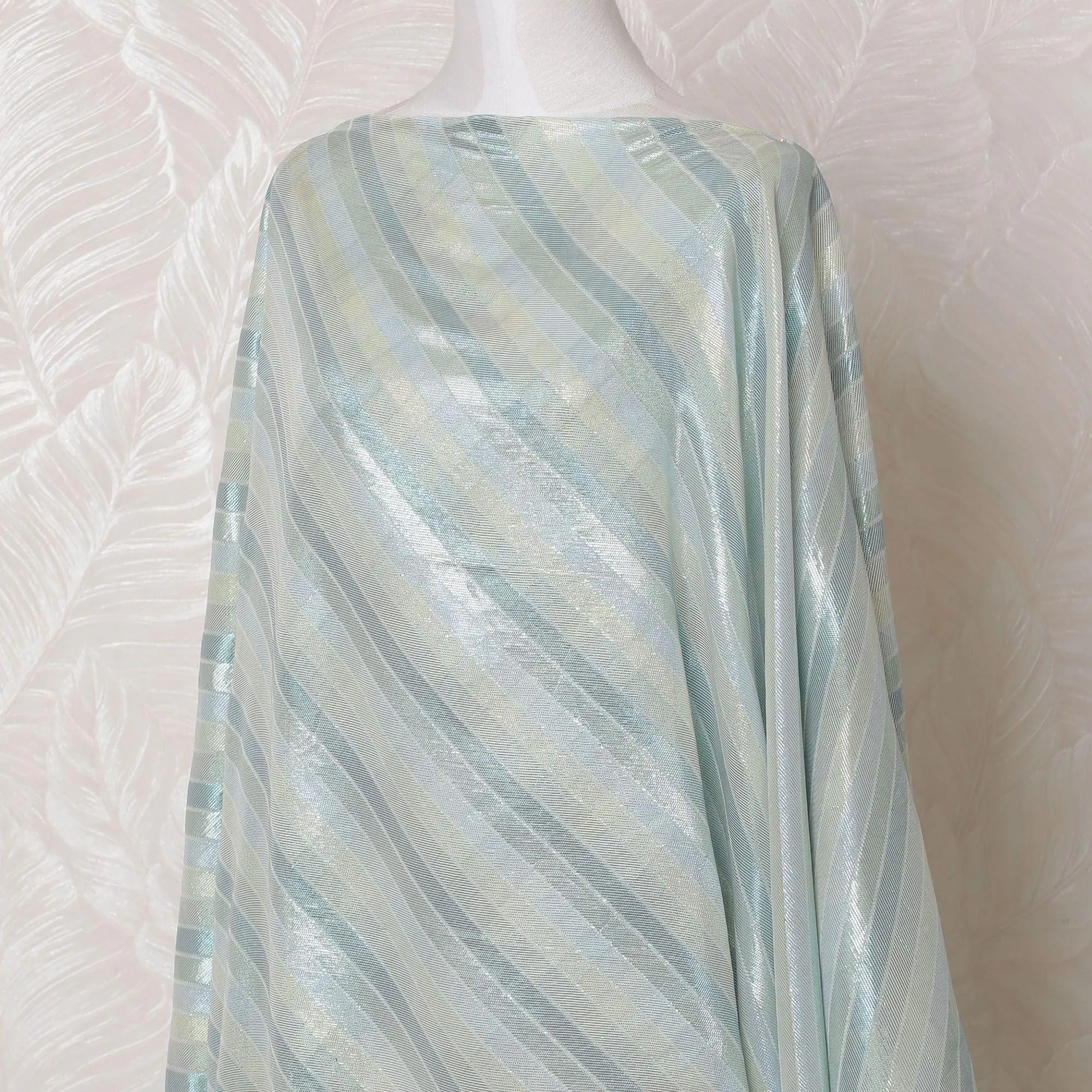 Light powder blue Premium pure French (Fransawi) silk chiffon dirac fabric with blue and gold metallic lurex in abstract design-D16250