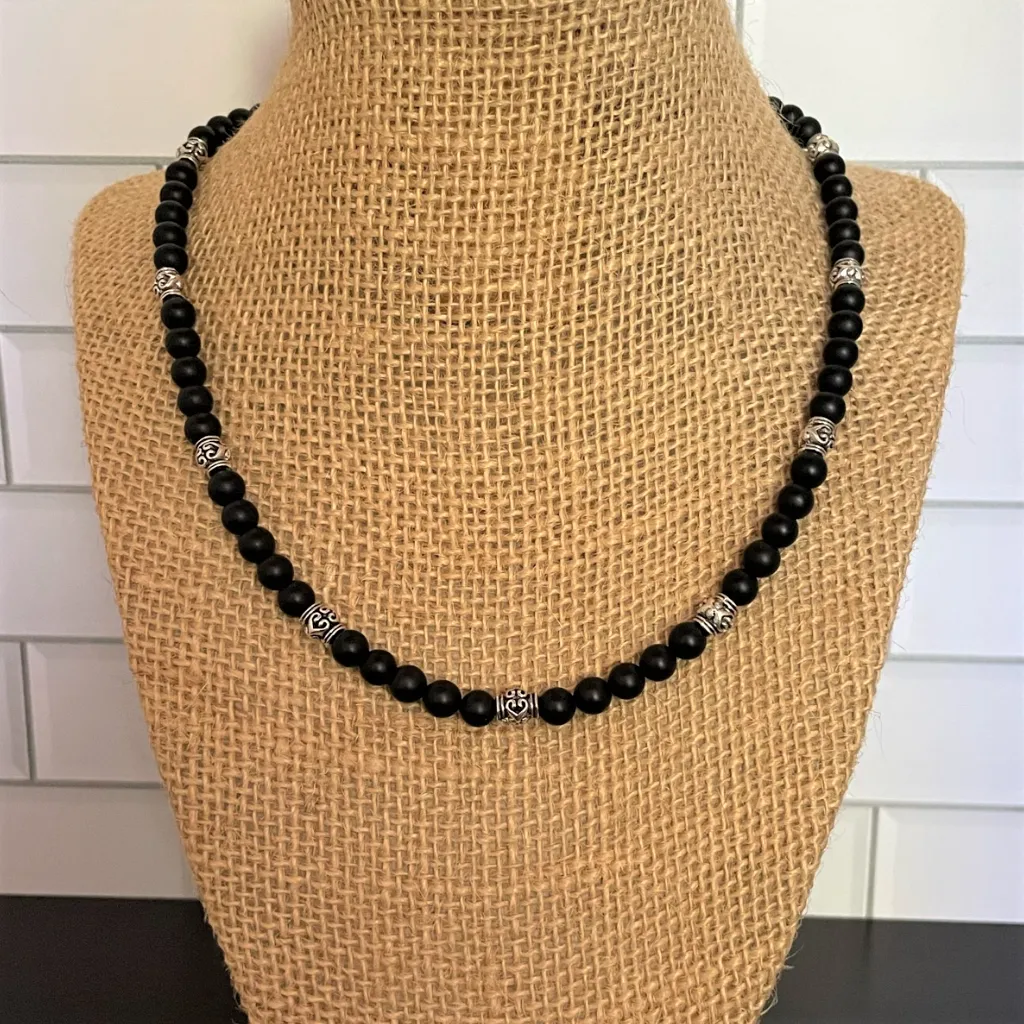 Matte Black Onyx Mens Necklace with Silver Lantern Beads