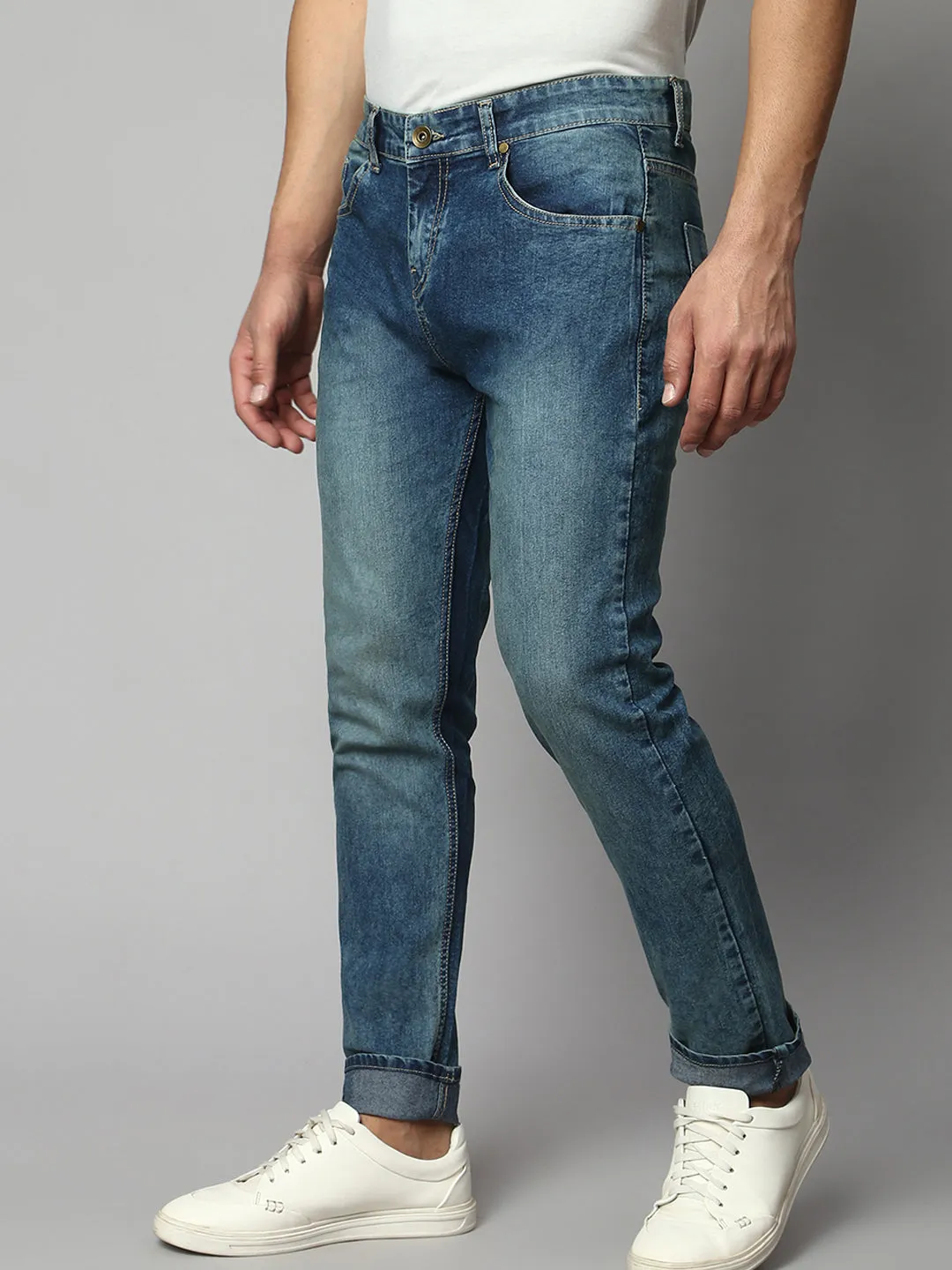 Men's Slim Fit Stretchable Heavy Washed Denim Jeans (Dark Blue)