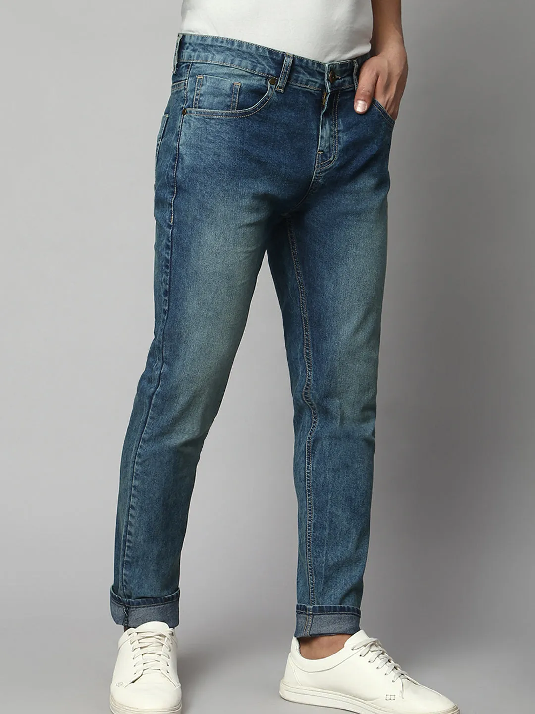 Men's Slim Fit Stretchable Heavy Washed Denim Jeans (Dark Blue)