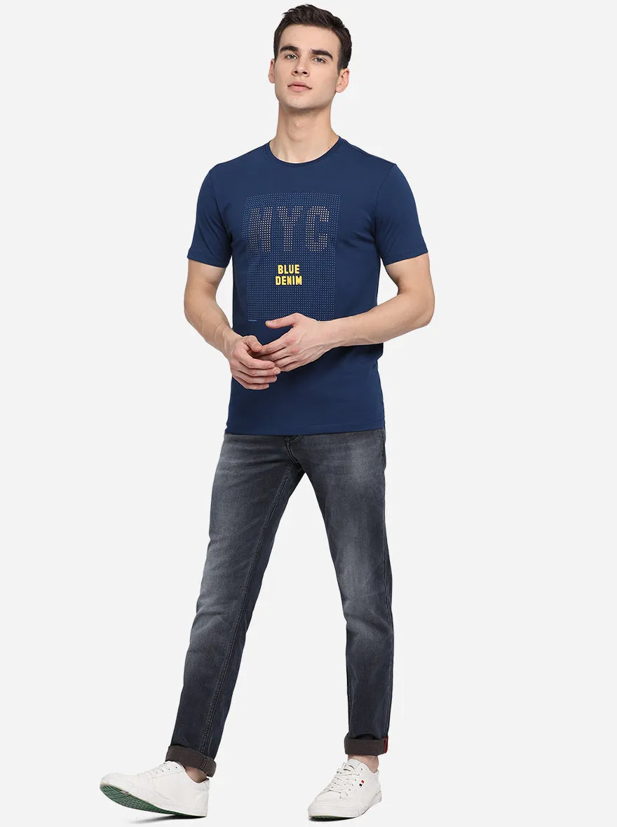 Midnight Blue Printed Slim Fit T-Shirt | JadeBlue