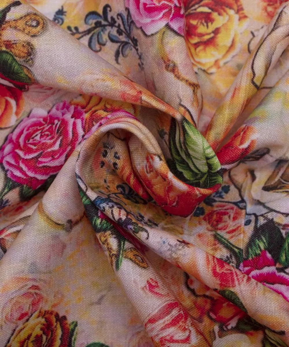 Orange Colour Floral Design Cotton Digital Print Fabric