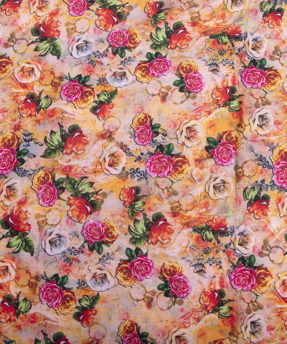Orange Colour Floral Design Cotton Digital Print Fabric