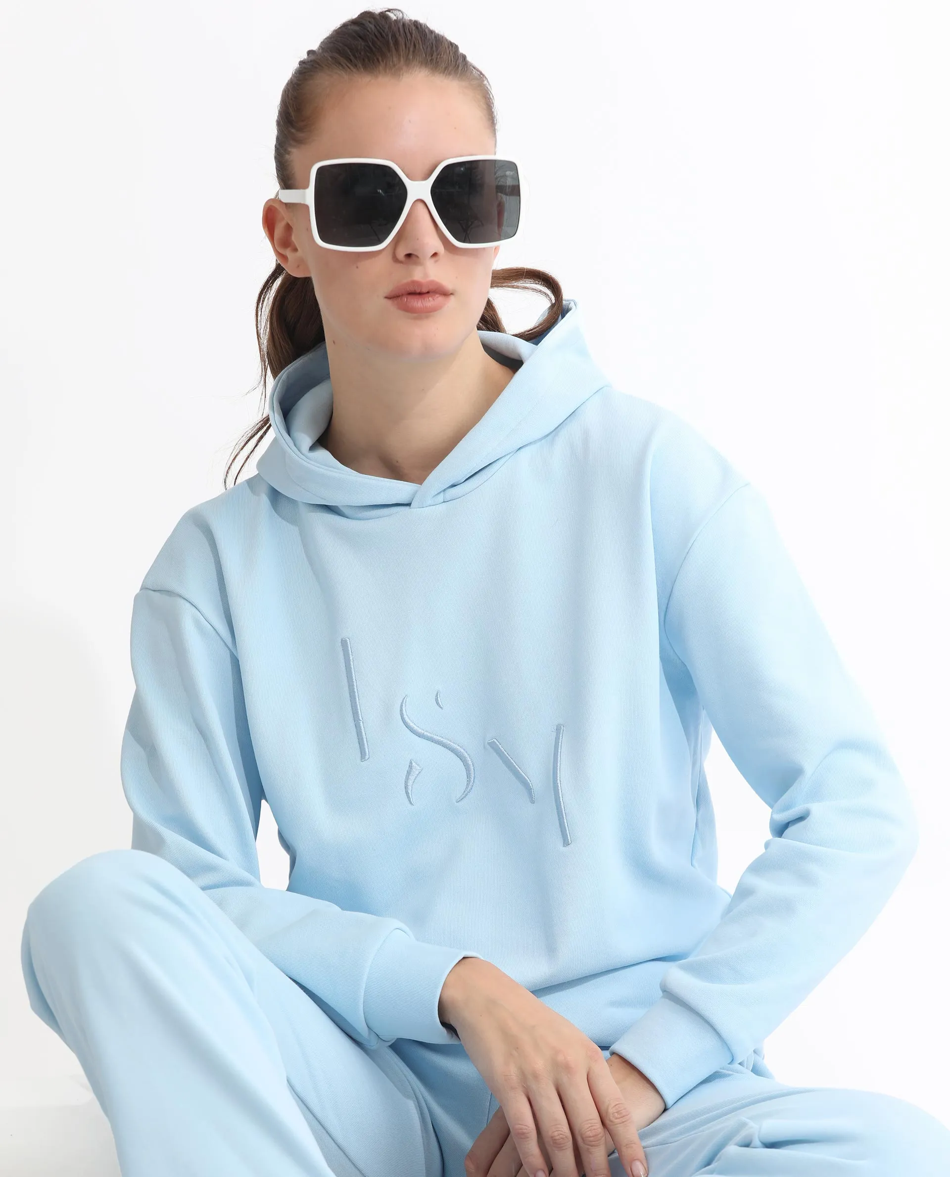 Rareism Articale Women Golder Light Blue Poly Cotton Fabric Full Sleeves Hooded Regular Fit Embroidered Sweatshirt