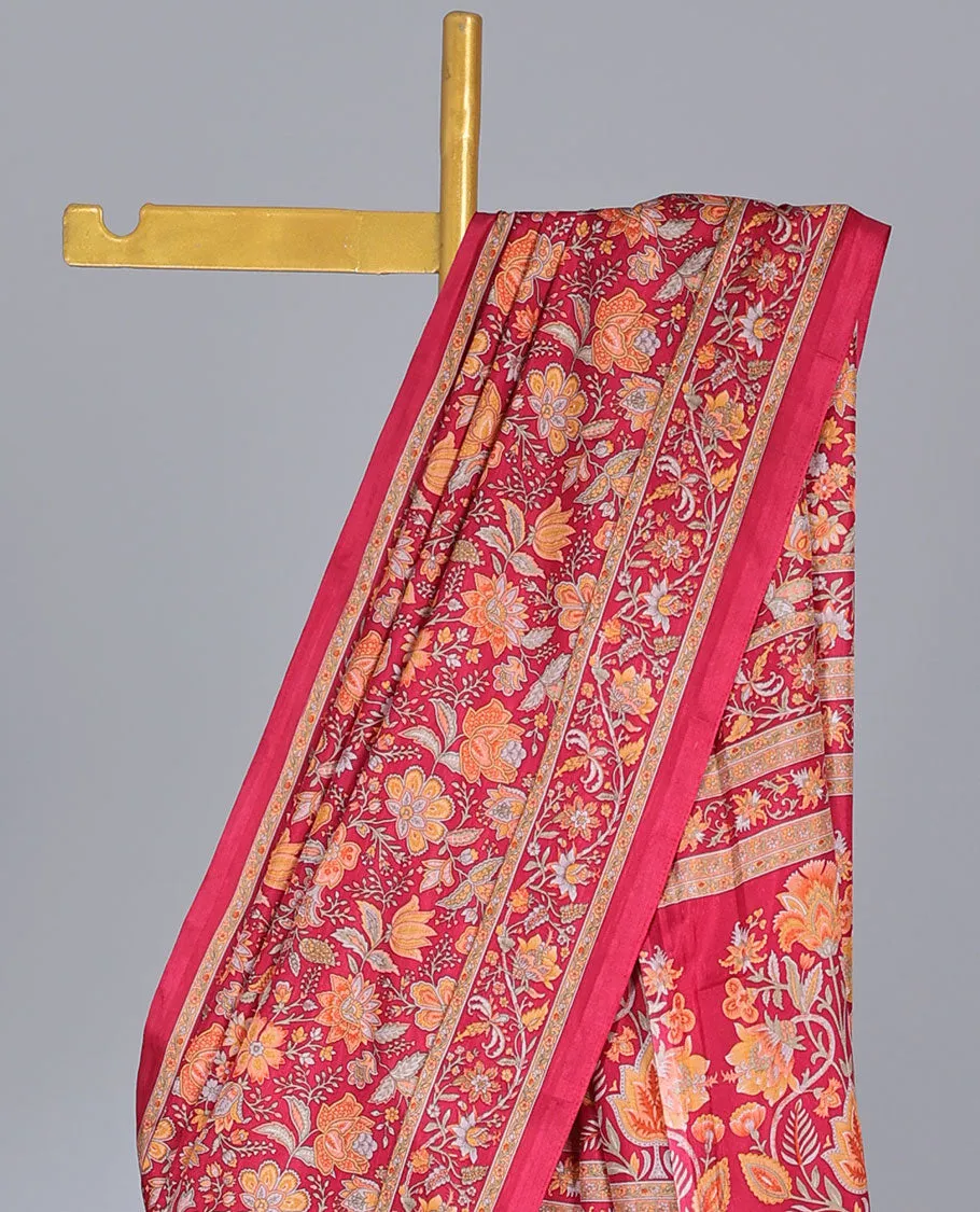 Red floral vine semi-banaras printed saree, floral creeper printed border & floral vine printed pallu