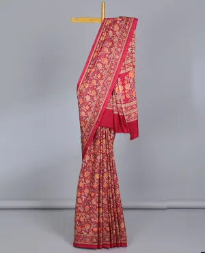 Red floral vine semi-banaras printed saree, floral creeper printed border & floral vine printed pallu