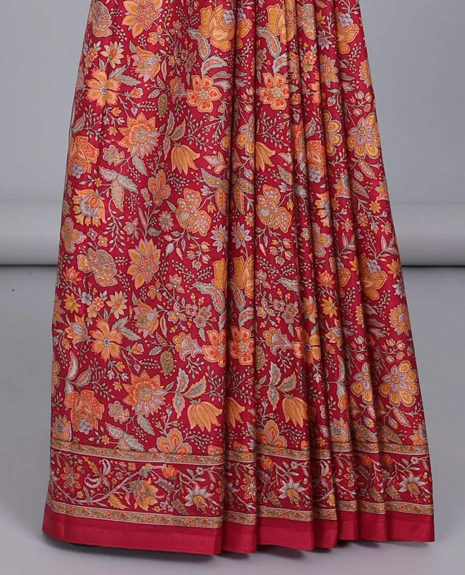 Red floral vine semi-banaras printed saree, floral creeper printed border & floral vine printed pallu