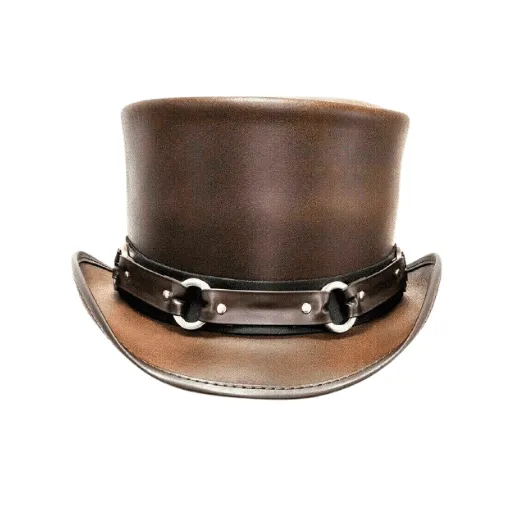 Ringed Brown Leather Top Hat