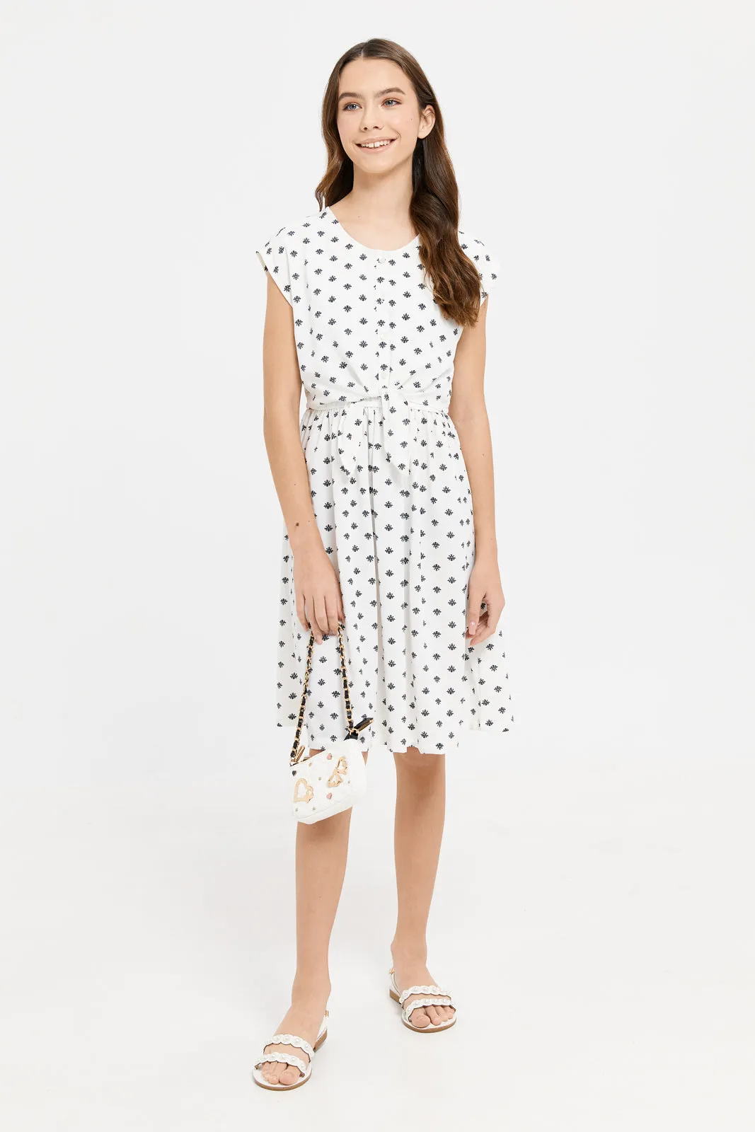 Senior Girls White And Black Printed Dress