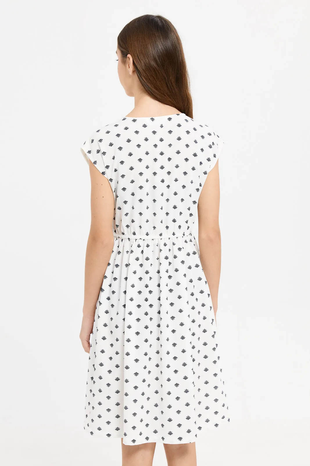 Senior Girls White And Black Printed Dress